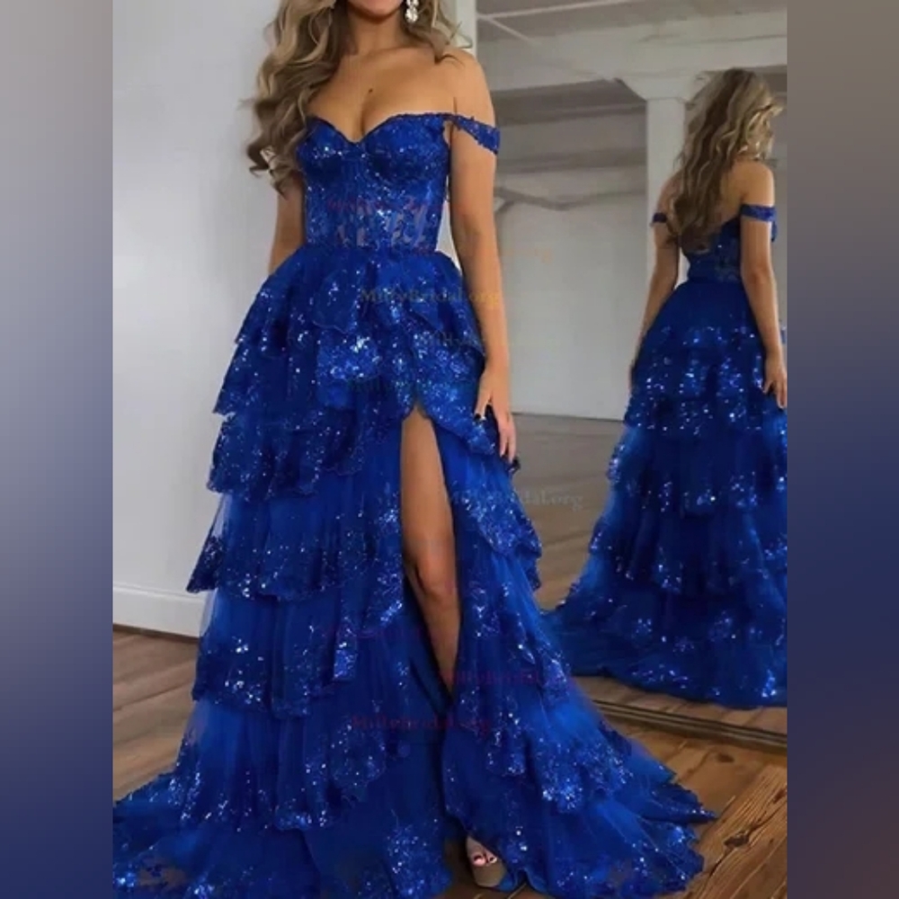 Stunning Blue Sequince Lace Up Back Gown